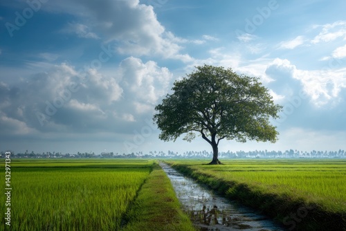 Lone Tree in Rice Field Under Cloudy Sky