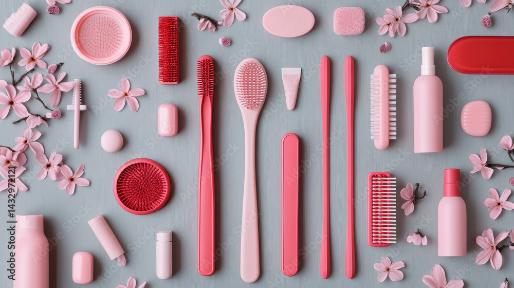 flat lay of pink and red spa tools, including brushes, bottles, and flowers, arranged on gray background creates soothing and organized aesthetic flat lay of pink and red spa tools, including brushes, bottles, and flowers, arranged on gray background creates soothing and organized aesthetic
