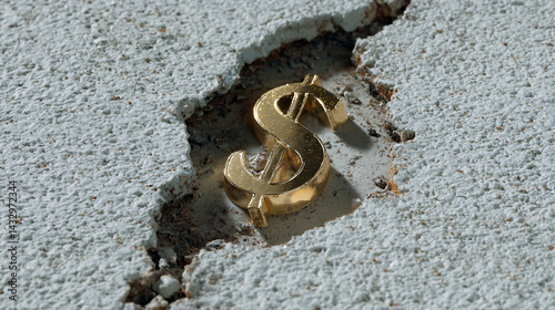 A golden dollar sign partially embedded in cracked concrete, symbolizing wealth and resilience amidst adversity.