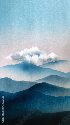 A serene watercolor landscape depicting layered mountains under a soft blue sky with gentle clouds, evoking tranquility and natural beauty.