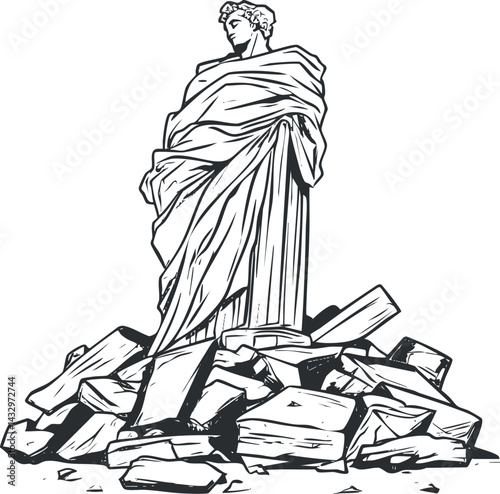 Black and white illustration of an ancient statue draped in cloth standing on a pile of broken stone ruins