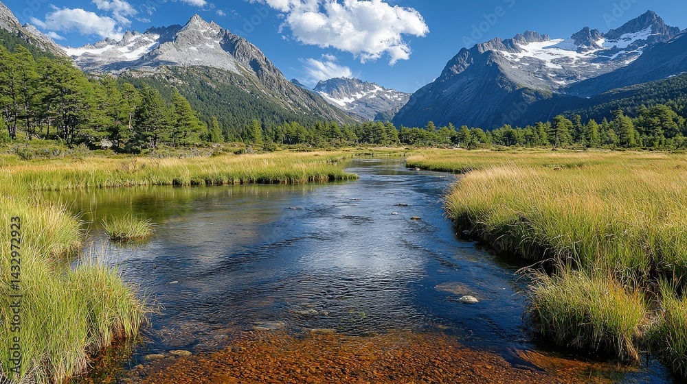 Fototapeta premium Serene alpine stream flowing through a meadow amongst towering peaks.