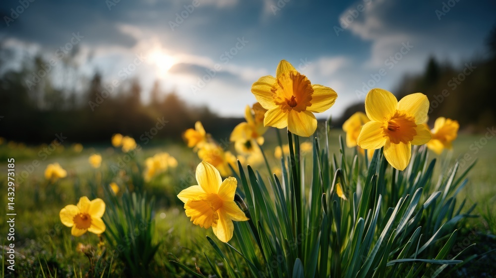 Fototapeta premium Bright spring meadow with vibrant yellow daffodils in the foreground, blue sky with sun flares.