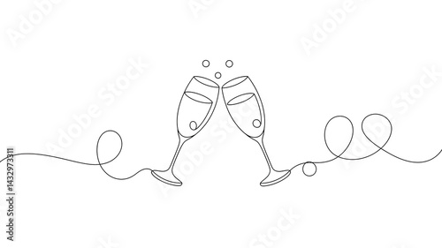 Simple one line drawing of a two Champagne glasses  Cheers  . Transparent background png file