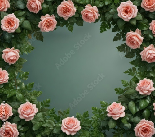 Elegant rose bloom with lush green leaves forming a natural frame  , decoration, invitation, rose