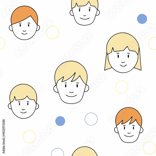 Hand Drawn Seamless Vector Cute cartoon faces with various hairstyles and colors, set against simple background with colorful circles, on white background, commercial use