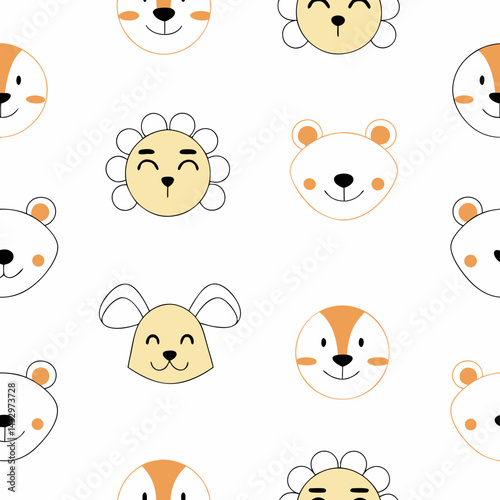 Hand Drawn Seamless Vector Cute animal faces with emotions create seamless pattern featuring lion, bear, rabbit, and fox, perfect for playful designs, on white background, commercial use