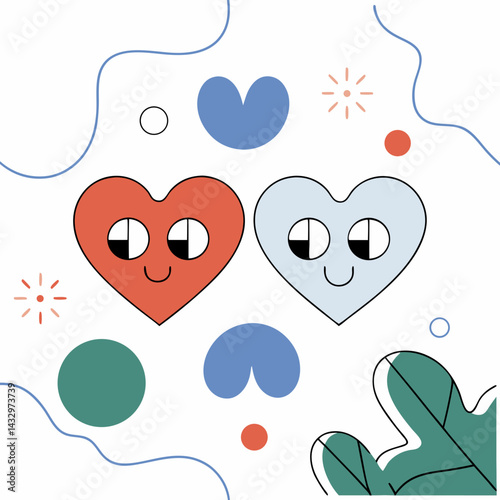 Hand Drawn Seamless Vector Cute hearts with smiling faces, colorful shapes, and playful patterns create joyful and whimsical design, on white background, commercial use