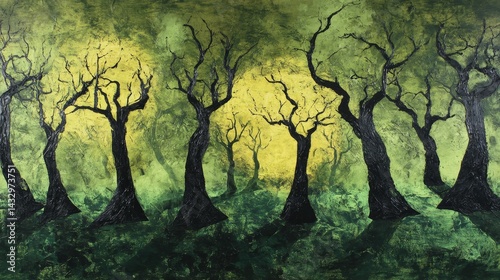 Trees with dark trunks and green foliage against a bright background.