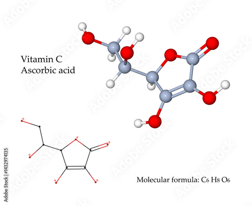 Vitamin C Ascorbic acid, antioxidant and important for the immune system. Food sources are fruits and vegetables, expecially lemon, orange, kiwi. 3d illustration of molecul (on transparent background)