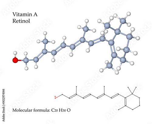 Vitamin A Retinol is important for growth and development, for the immune system and for good vision. 3d illustration of molecular structure and chemical formula (on transparent background)