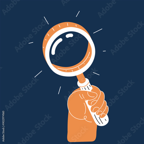Cartoon vector illustration of a hand holding a magnifying glass, symbolizing investigation, analysis, and focus on details