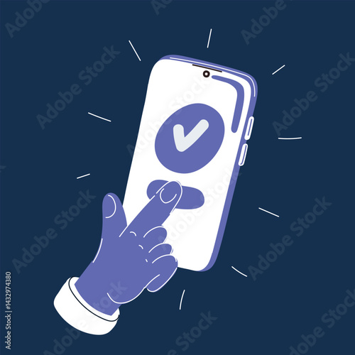 Cartoon vector illustration of a finger pressing the "Approve" button on a smartphone screen, symbolizing decision-making, consent, and affirmation