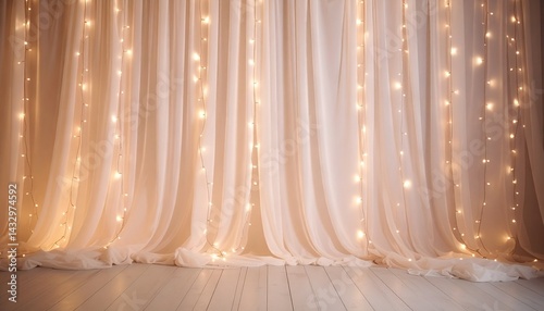 photography background with voile curtains and fairy lights, wedding backdrop, romantic, cream beige champagne colour 