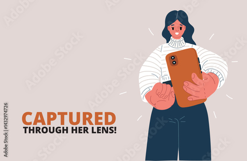Cartoon vector illustration of a woman taking a photo of us with her smartphone, capturing the moment with joy and spontaneity