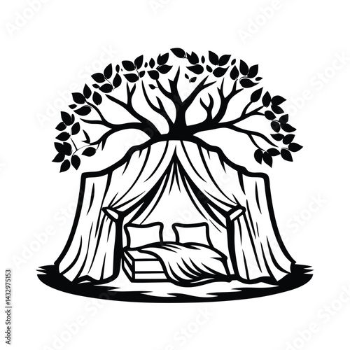 Canopy Bed Silhouette with Tree Branch Above, Elegant Interior Design, Black and White