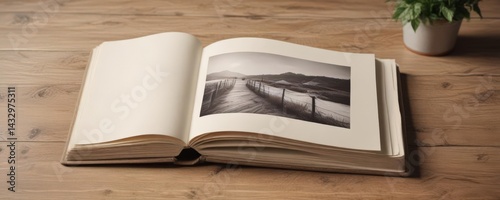 Blank photo album mockup, open pages for customization, nostalgic feel , white, graphics, still life