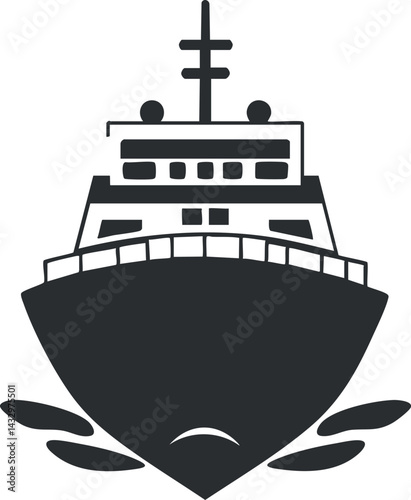 Front view silhouette of a ship sailing on water, symbolizing marine transportation and travel.