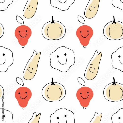 Hand Drawn Seamless Vector Smiling vegetables and fruits create cheerful seamless pattern, perfect for adding fun touch to any design, on white background, commercial use