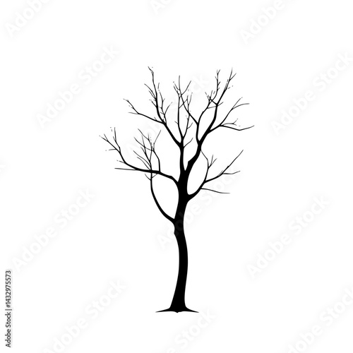 Black silhouette of a bare tree standing alone in a minimalistic landscape during winter months