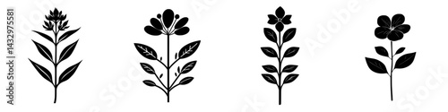 Various black floral icons showcasing unique flower designs with leaves for use in digital projects