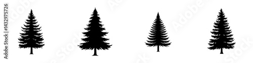 Black silhouette icons of evergreen trees arranged in a line suitable for design or decoration purposes