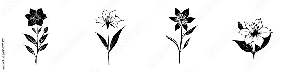 Illustration of four distinct black floral designs showcasing varying styles and details of lilies