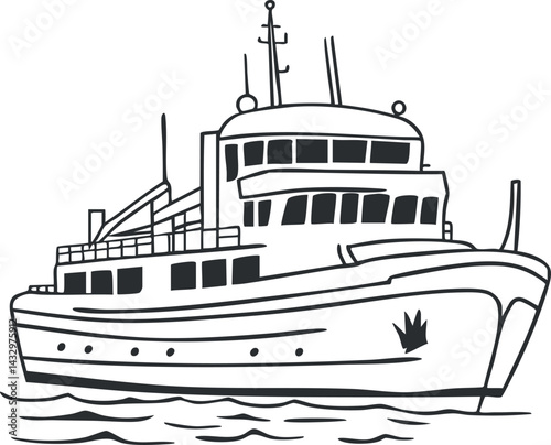 Black and white outline drawing of a passenger ship or ferry on water with multiple decks and windows