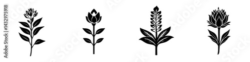 Collection of black floral icons representing various plant species on a white background
