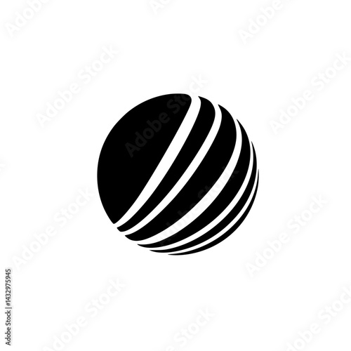 Black spherical icon with curved lines representing movement or technology in minimalist design