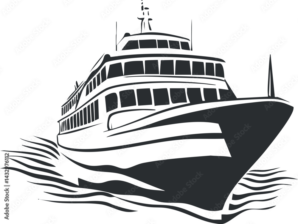 Fototapeta premium Black and white silhouette illustration of a large passenger ship or ferry moving through water with waves.