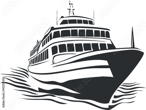 Black and white silhouette illustration of a large passenger ship or ferry moving through water with waves.