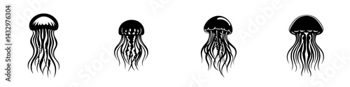 Multiple black jellyfish icons displayed in a row for graphic design or web usage in a minimal style on a white background