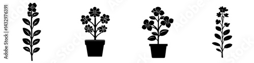 Black icons of various flowering plants with pots representing nature and gardening concepts