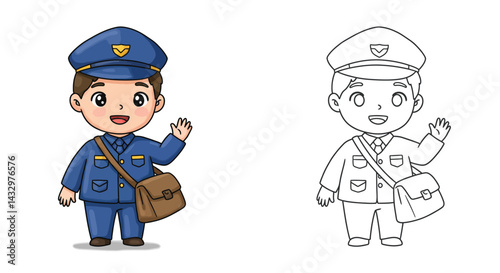 Mail Carrier's Warm Welcome: A charming illustration of a mail carrier in uniform waving hello, rendered in vibrant colors, exuding friendliness and approachability.
