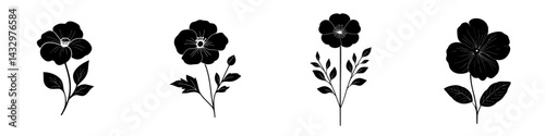 Four black flower icons arranged neatly on a white background showcasing floral design elements