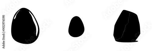 Black abstract icon depicting three varying sizes of smooth, rounded rocks arranged in a row displaying simple yet elegant shapes