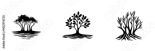 Stylized black tree icons illustrating different tree shapes in a minimalistic design on a white background