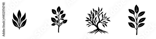 Collection of black icons depicting various plant shapes and designs, showcasing natural imagery and artistic styles in a minimalistic approach