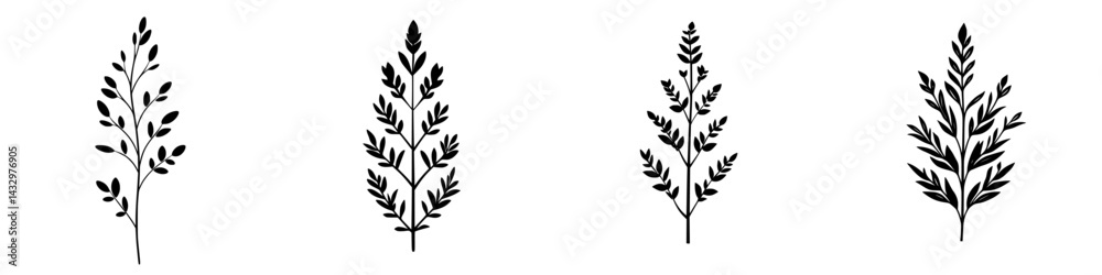 Black botanical icons showcasing various leaf shapes for design and illustration purposes Black botanical icons showcasing various leaf shapes for design and illustration purposes