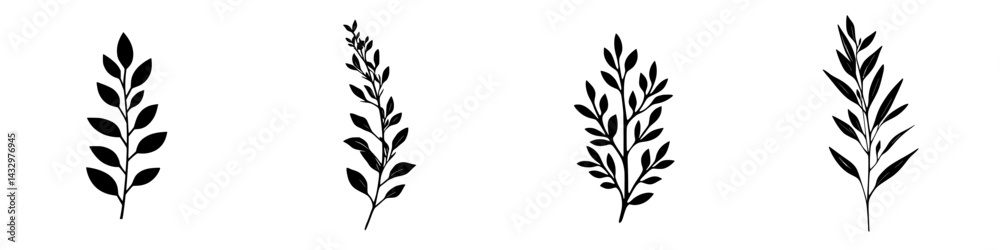Elegant black botanical icons featuring various leaf designs suitable for nature-inspired projects and artworks Elegant black botanical icons featuring various leaf designs suitable for nature-inspired projects and artworks