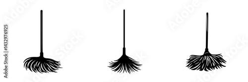 Black cleaning tools arranged in a row showcasing different designs and shapes on a white background