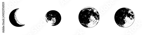 Illustrative black icons depicting the phases of the moon from crescent to full