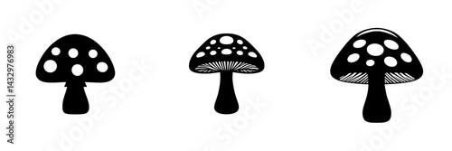 Collection of black mushroom icons with distinct shapes and patterns on caps displayed on a white background