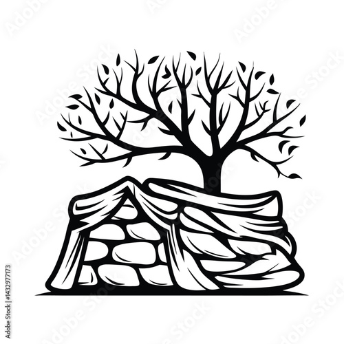 Black and White Silhouette Ancient Stone Structure with Tree on Top, Minimalist