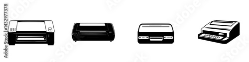 Collection of black printer icons showcasing various designs and features for office use and printing solutions