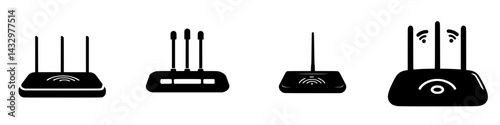 Various black icons representing wireless routers and internet connectivity devices with antennas and signals