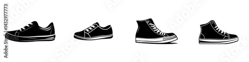 Various styles of black footwear shown in a simple design illustrating casual and sporty shoes suitable for everyday wear