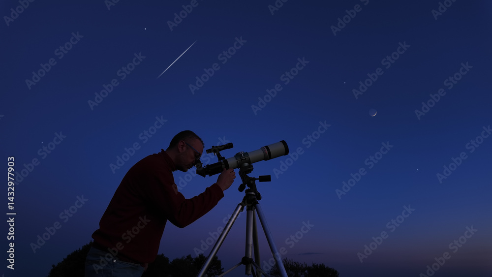 Amateur astronomer looking at the evening skies, observing planets, stars, Moon and other celestial objects with a telescope.