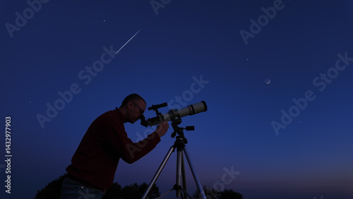 Obraz na płótnie Amateur astronomer looking at the evening skies, observing planets, stars, Moon and other celestial objects with a telescope. w salonie